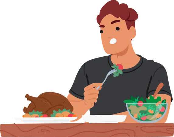 Hombre comiendo ensalada con pollo asado en la mesa.  Ilustración