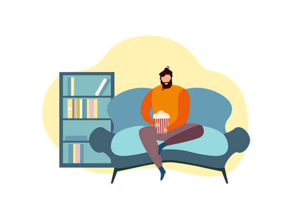 Hombre comiendo palomitas mientras está sentado en el sofá  Ilustración