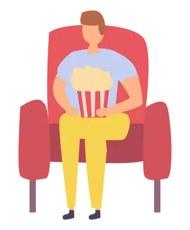 Hombre comiendo palomitas mientras ve la película  Ilustración