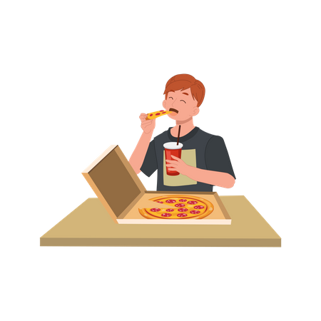 Hombre comiendo pizza de caja  Ilustración