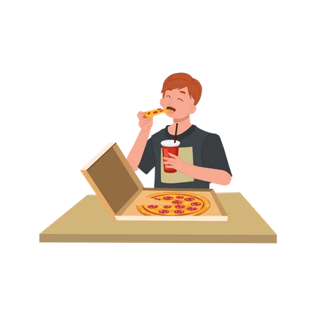 Hombre comiendo pizza de caja  Ilustración