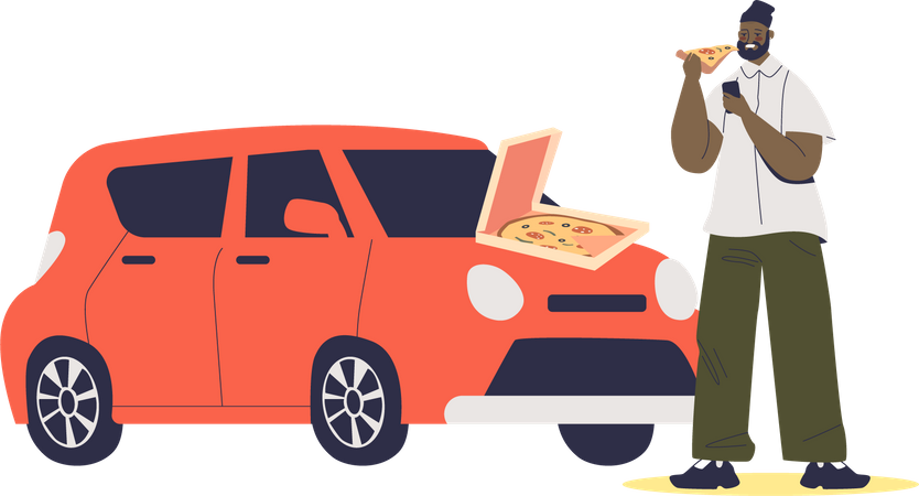 Hombre comiendo pizza en el capó del coche  Ilustración