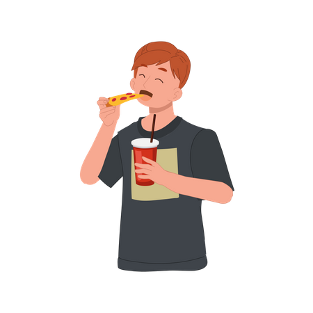 Hombre comiendo pizza y sosteniendo un vaso de refresco  Ilustración