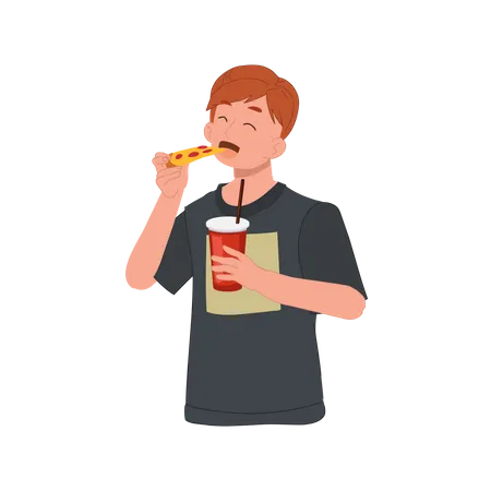 Hombre comiendo pizza y sosteniendo un vaso de refresco  Ilustración