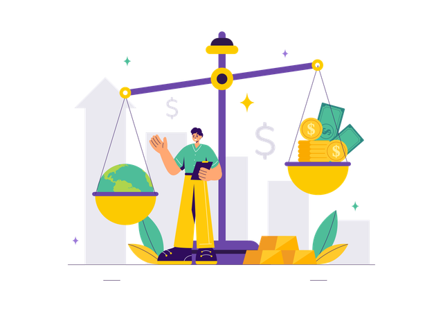 Hombre comparando precios e inflación en la economía  Ilustración