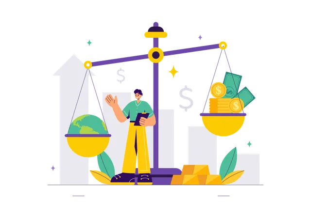 Hombre comparando precios e inflación en la economía  Ilustración