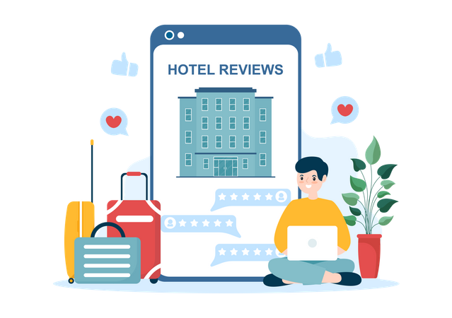 Hombre compartiendo reseña de hotel  Ilustración