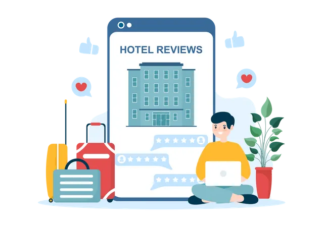 Hombre compartiendo reseña de hotel  Ilustración