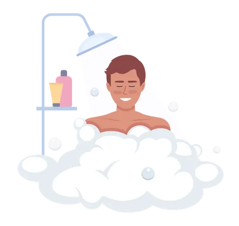 Hombre contento disfrutando de la ducha con espuma de jabón  Ilustración