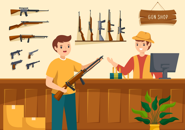 El hombre compra un arma en una armería  Ilustración