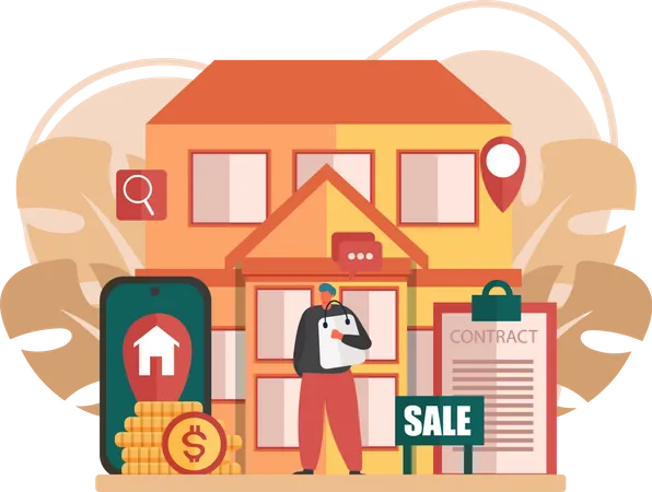 Hombre compra casa online  Ilustración