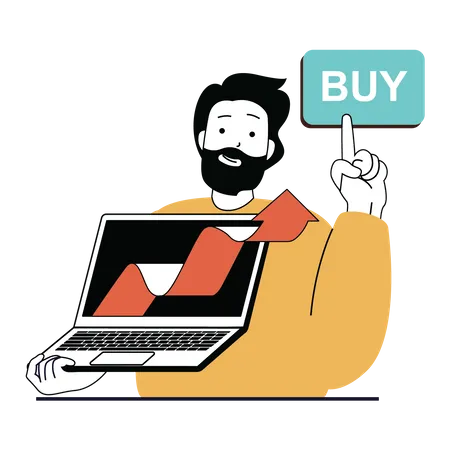 El hombre compra acciones en línea  Ilustración
