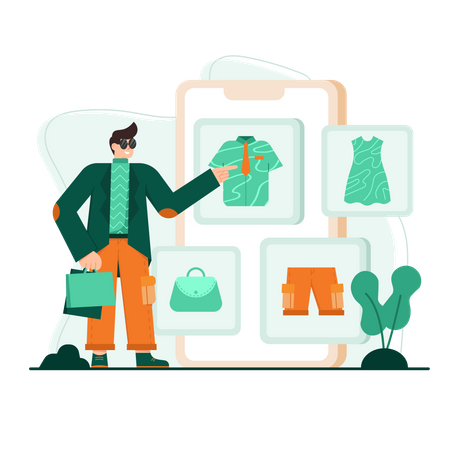 Hombre comprando productos de moda online  Ilustración