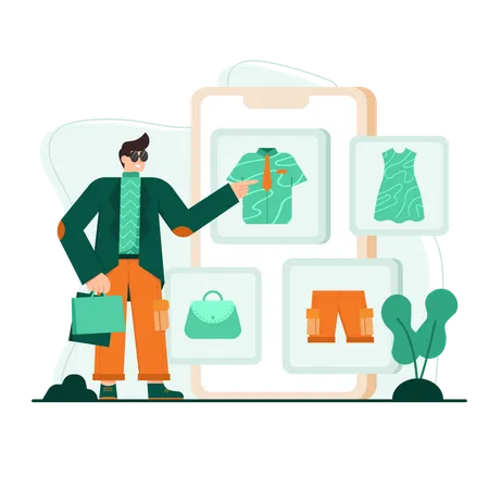 Hombre comprando productos de moda online  Ilustración