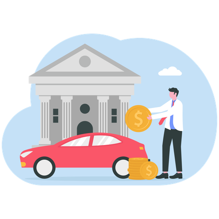 Un hombre compra un coche nuevo con un préstamo bancario  Ilustración