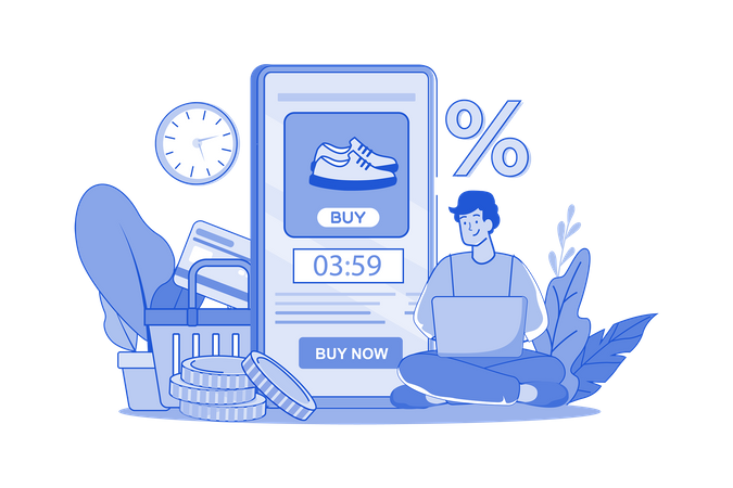 Hombre comprando zapatos online con oferta por tiempo limitado con cronómetro  Ilustración