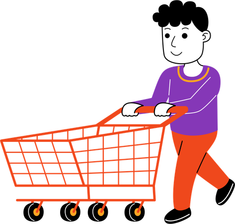 Hombre Shopper empujando un carrito vacío  Ilustración