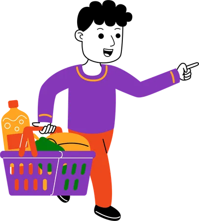 Hombre Shopper llevando comestibles en una canasta  Ilustración