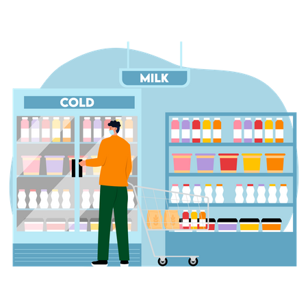 Hombre comprando productos lácteos en el supermercado  Ilustración
