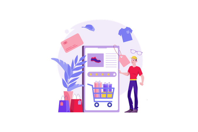 Hombre comprando bienes a través de la aplicación de internet  Ilustración