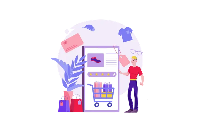 Hombre comprando bienes a través de la aplicación de internet  Ilustración