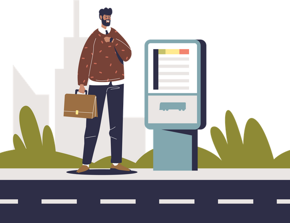 Hombre comprando un billete para el autobús público en una máquina expendedora de billetes de autoservicio  Ilustración