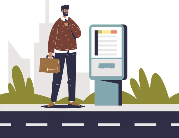 Hombre comprando un billete para el autobús público en una máquina expendedora de billetes de autoservicio  Ilustración