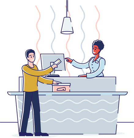 Hombre comprando calzado y pagando con tarjeta de crédito  Illustration