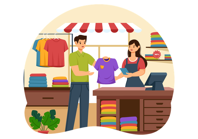 Hombre comprando camiseta en la tienda  Illustration