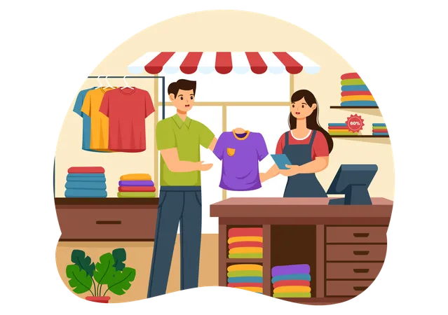 Hombre comprando camiseta en la tienda  Illustration