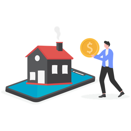 Hombre comprando una casa en una aplicación inmobiliaria  Ilustración