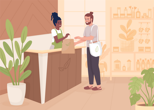 Hombre comprando cosméticos en una tienda ecológica.  Ilustración