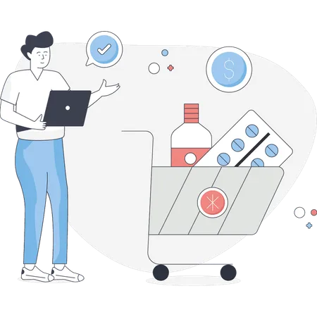 Hombre comprando medicamentos a través de una aplicación en línea  Illustration
