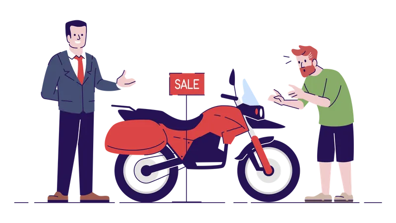 Hombre comprando motocicleta en venta  Ilustración