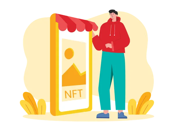 Hombre comprando NFT en un intercambio móvil  Ilustración