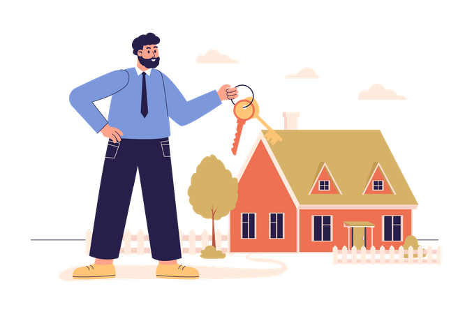 Hombre comprando casa nueva con préstamo hipotecario  Ilustración