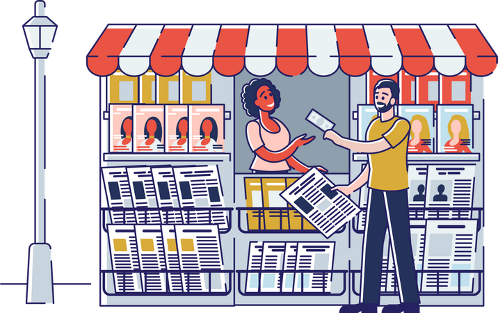 Hombre comprando periódico en el quiosco  Ilustración