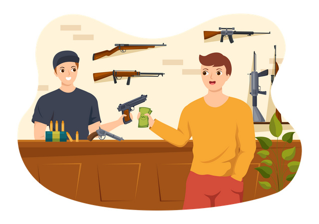 Hombre comprando una pistola en una armería  Ilustración