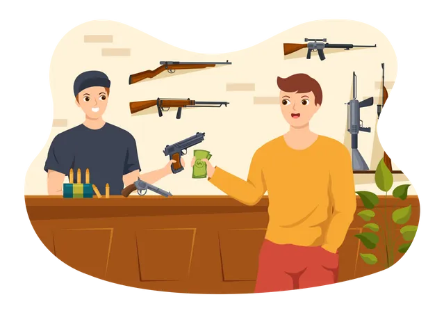 Hombre comprando una pistola en una armería  Ilustración
