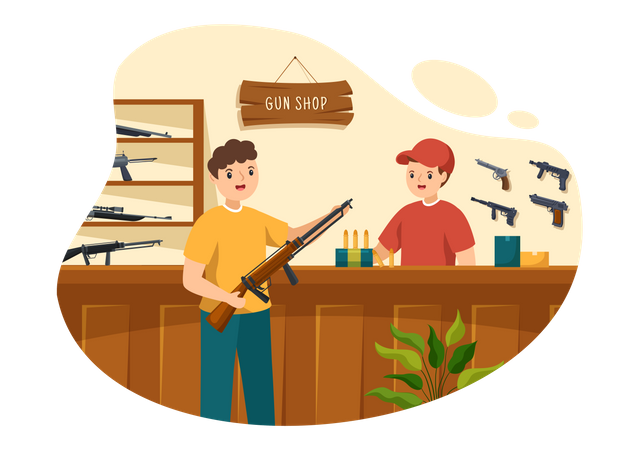 Hombre comprando un rifle en una armería  Ilustración