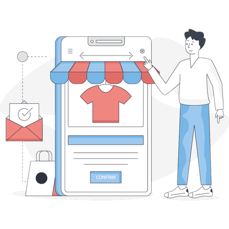 Un hombre compra ropa en línea.  Ilustración