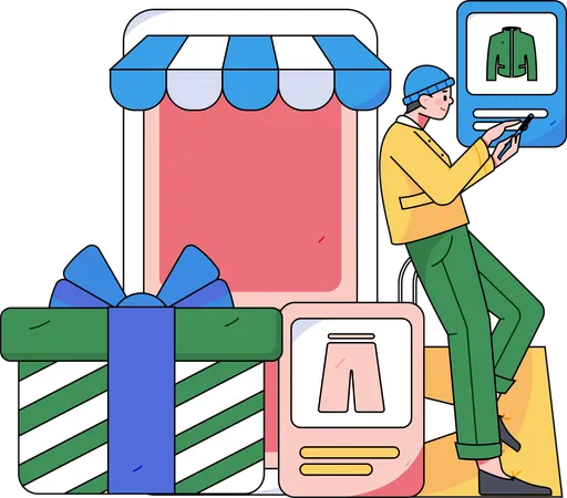 Hombre comprando ropa en un sitio web de compras  Ilustración