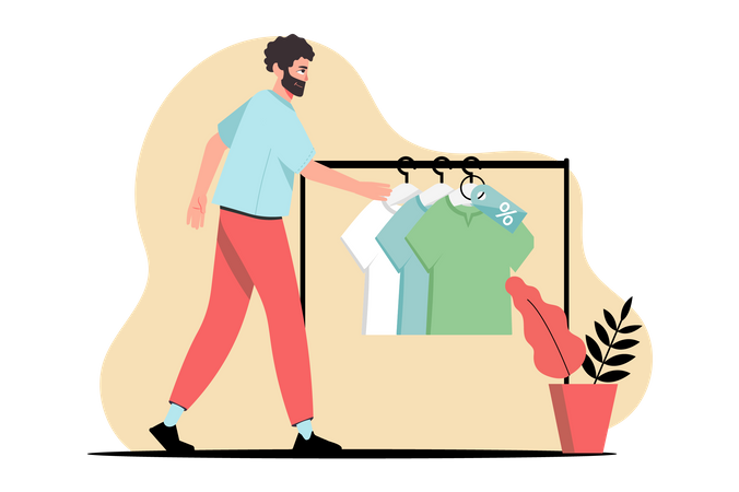 Hombre comprando ropa que está en oferta.  Ilustración