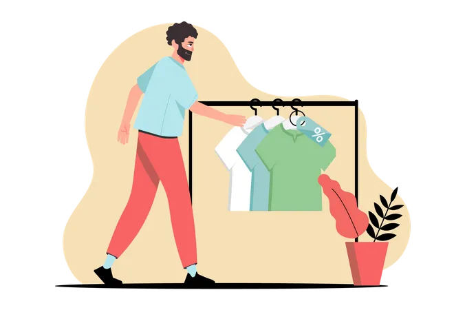 Hombre comprando ropa que está en oferta.  Ilustración