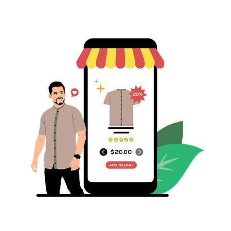 Hombre comprando una camisa desde una aplicación de comercio electrónico  Ilustración