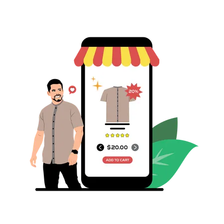 Hombre comprando una camisa desde una aplicación de comercio electrónico  Ilustración