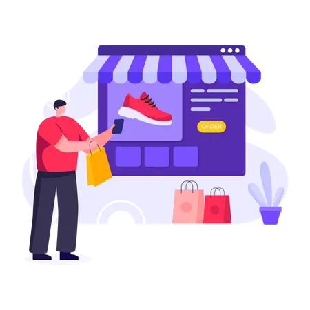 Hombre comprando zapatos en la tienda online  Ilustración