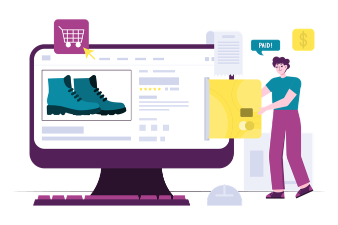 Hombre comprando zapatos en tienda online con tarjeta  Ilustración