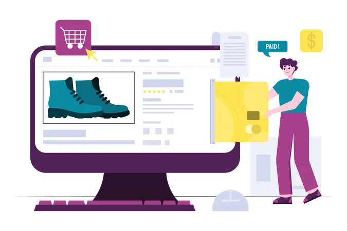 Hombre comprando zapatos en tienda online con tarjeta  Ilustración