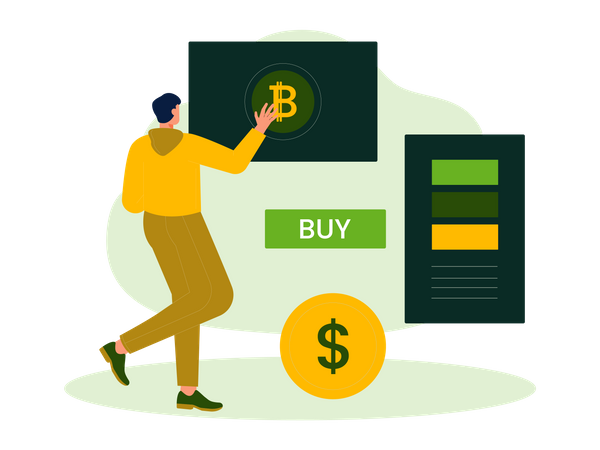El hombre compra bitcoin con dólar  Ilustración